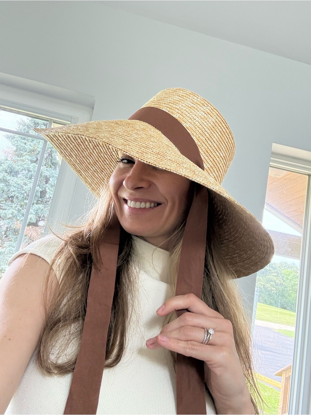 Straw Sun Hat with Brown Tie - Picture 2 of 12
